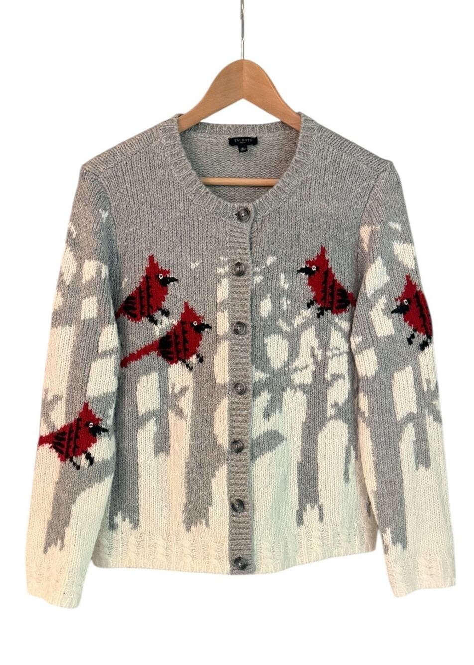 Talbots Cardinal Bird Winter Woodland Button Front Cardigan Sweater MP
